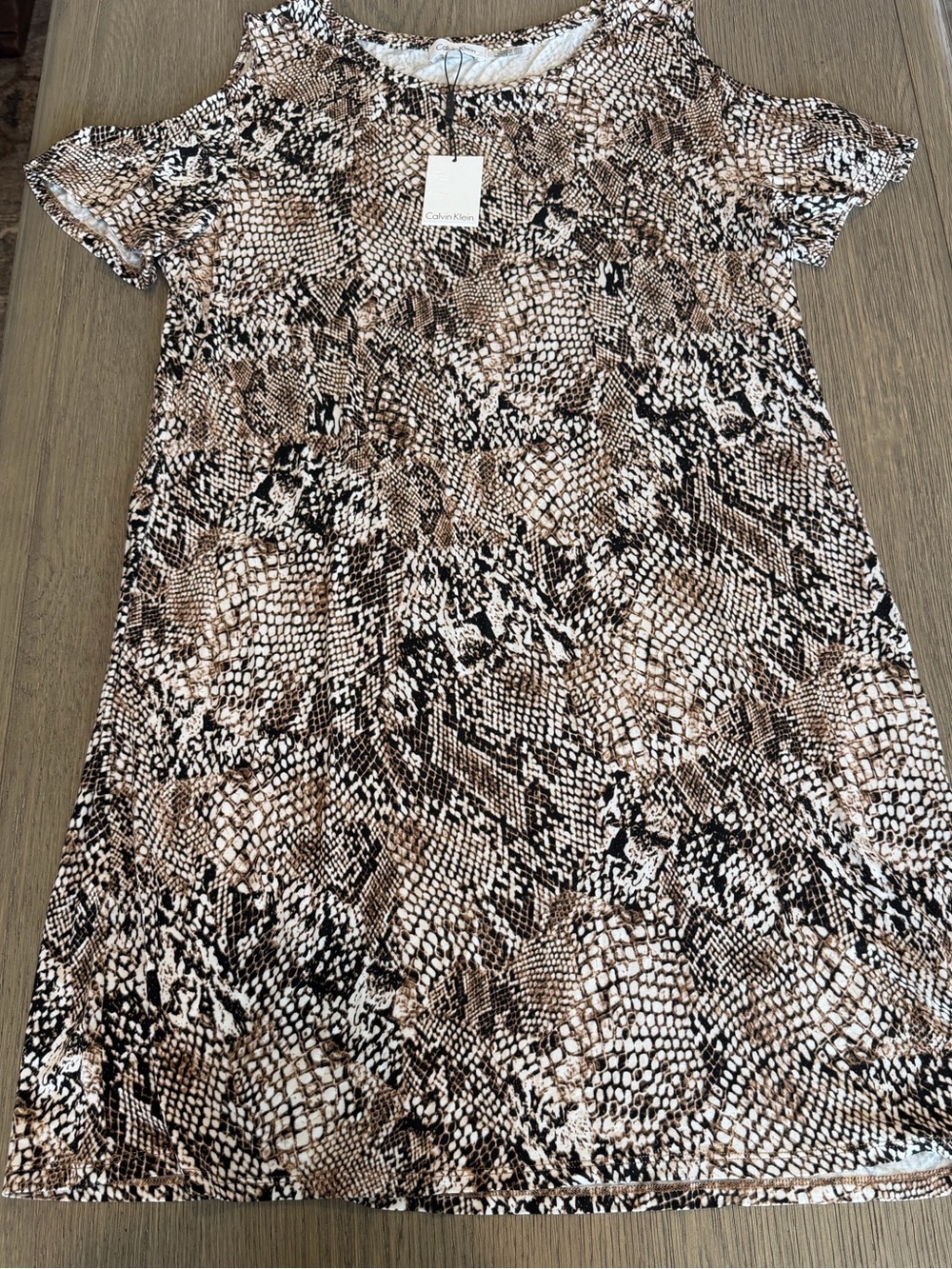 Calvin Klein Snakeskin Print Comfortable Soft Dress Cold Shoulder Stretch Chic L